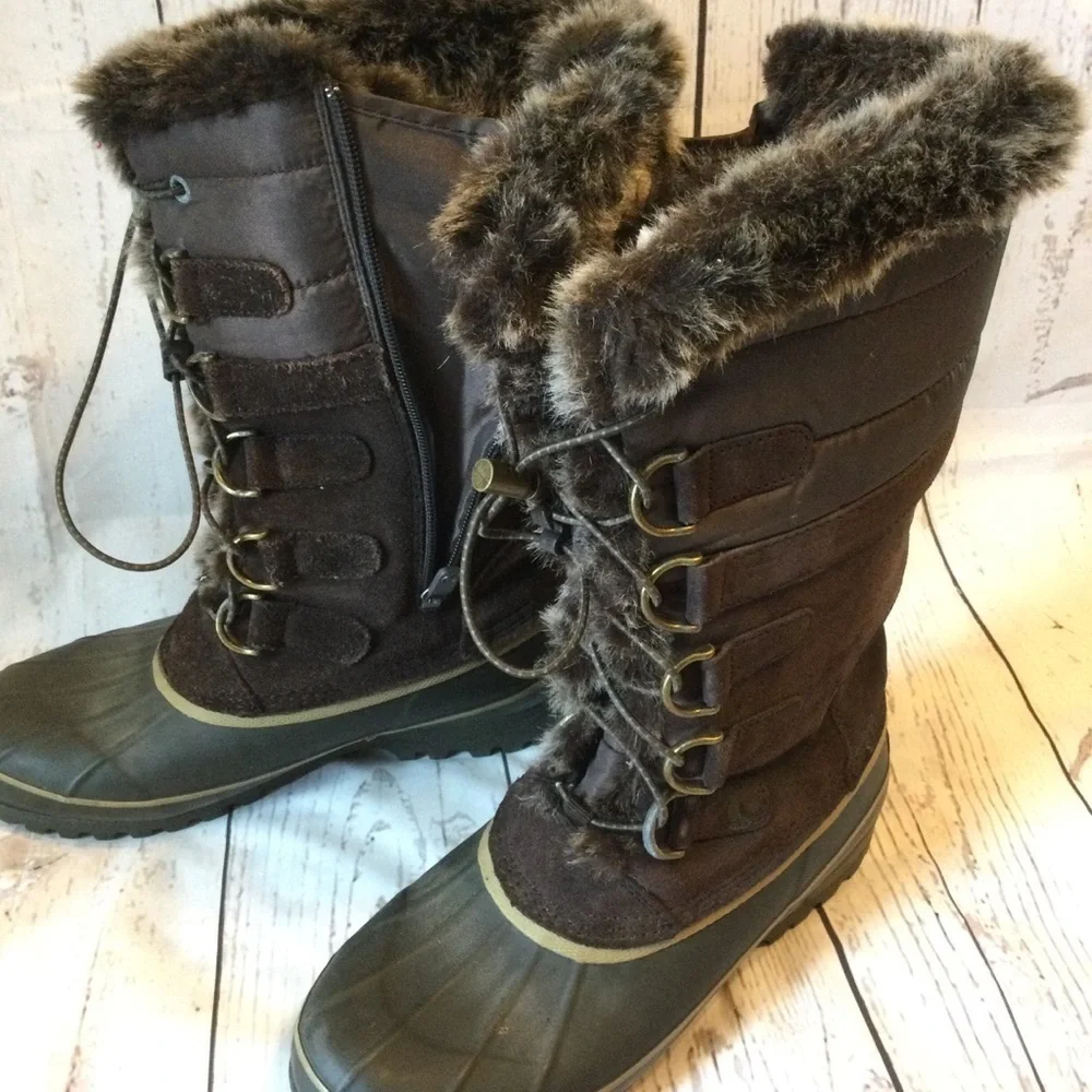 Lands End Women's Warm Brown Fabric & Suede Fur-Lined Winter Boots Zip Size 8.5